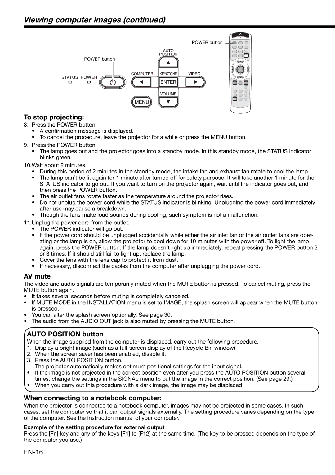 Mitsubishi Electronics XL650U To stop projecting, AV mute, Auto Position button, When connecting to a notebook computer 