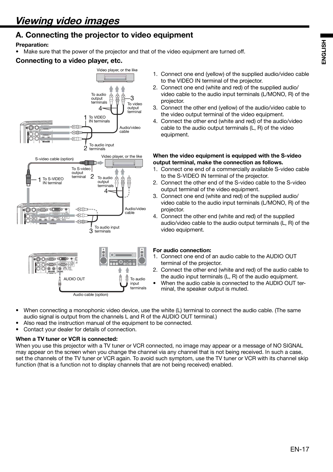 Mitsubishi Electronics XL650U user manual Viewing video images, Connecting the projector to video equipment, EN-17 