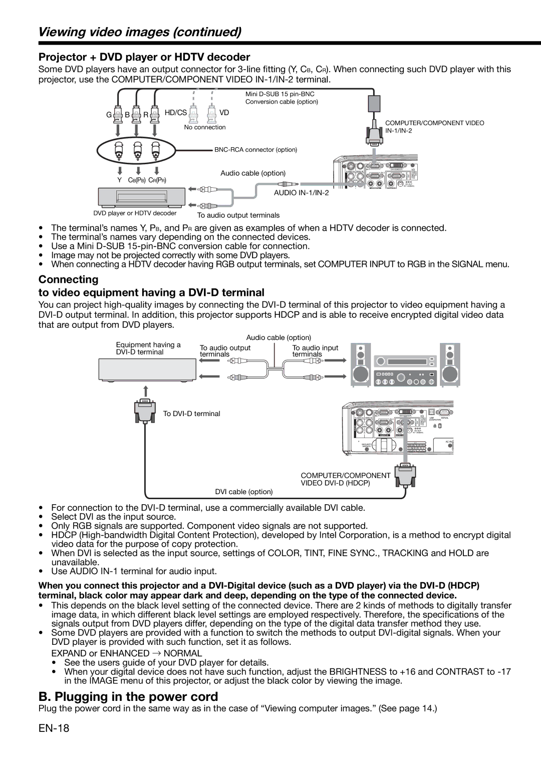 Mitsubishi Electronics XL650U Viewing video images, Plugging in the power cord, Projector + DVD player or Hdtv decoder 