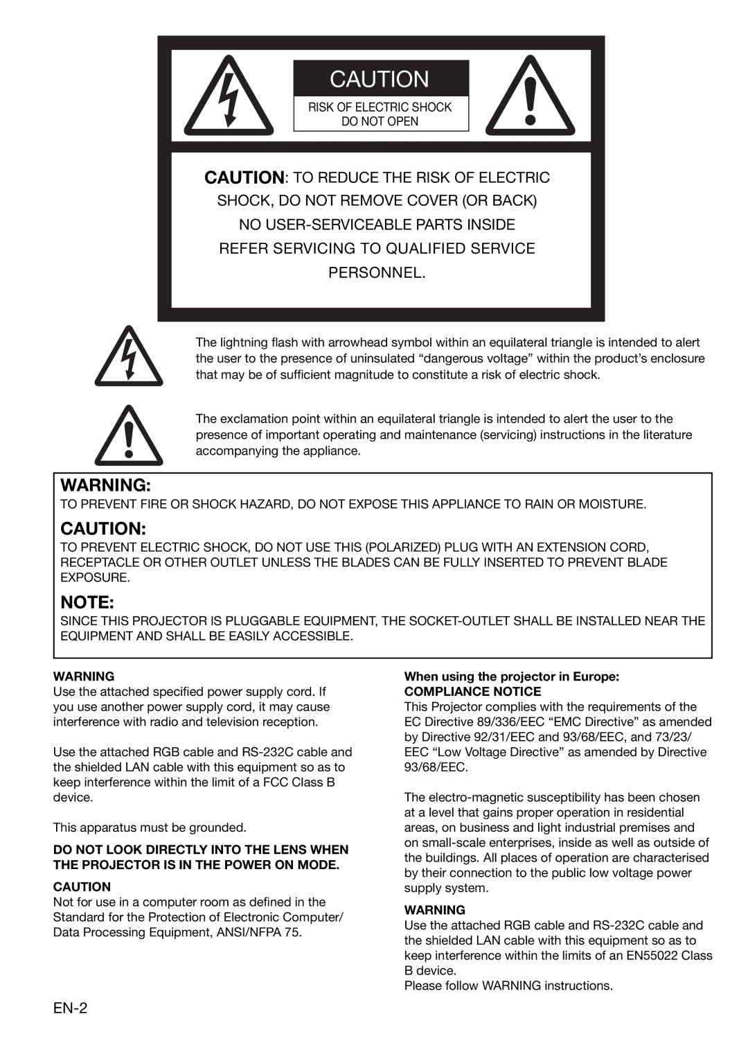 Mitsubishi Electronics XL650U user manual EN-2, When using the projector in Europe 