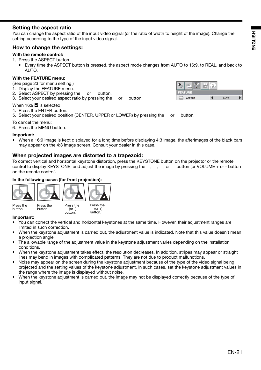 Mitsubishi Electronics XL650U user manual Setting the aspect ratio, How to change the settings, EN-21 