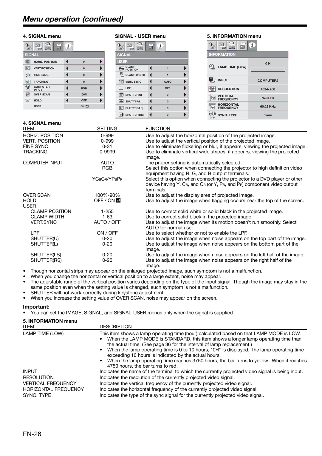 Mitsubishi Electronics XL650U user manual Menu operation, EN-26 