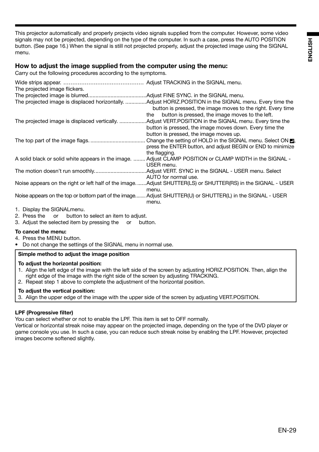 Mitsubishi Electronics XL650U user manual EN-29, To adjust the vertical position, LPF Progressive ﬁlter 