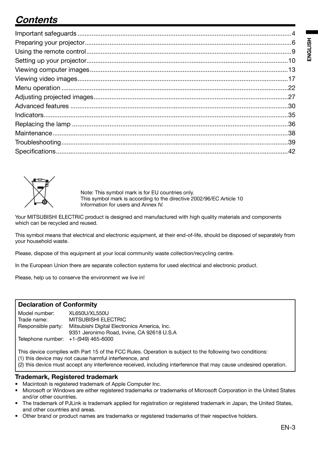 Mitsubishi Electronics XL650U user manual Contents 