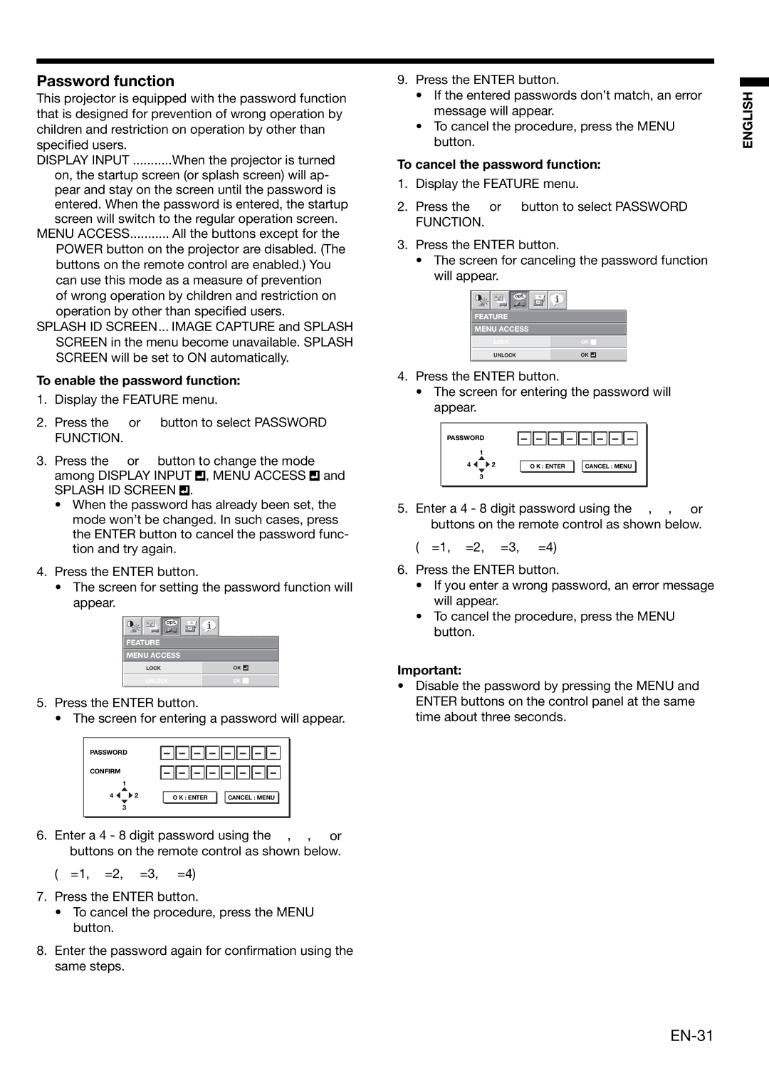 Mitsubishi Electronics XL650U Password function, EN-31, To enable the password function, To cancel the password function 