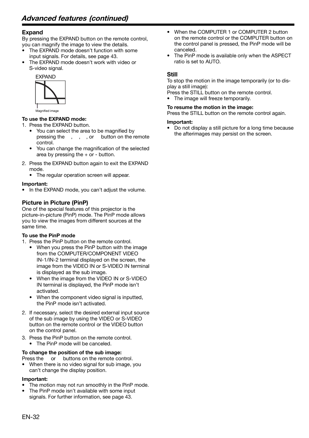 Mitsubishi Electronics XL650U user manual Advanced features, EN-32, Expand, Picture in Picture PinP, Still 