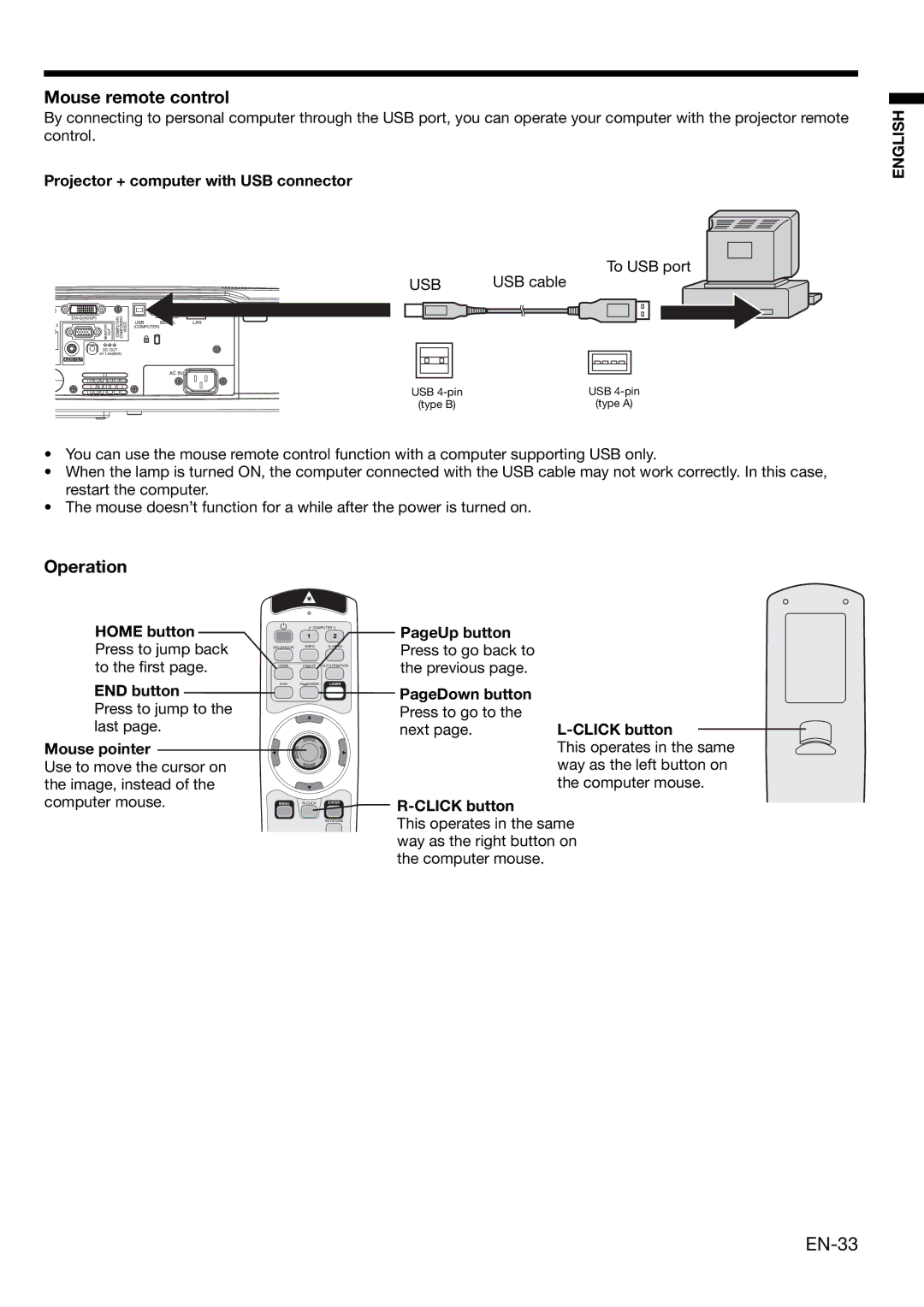 Mitsubishi Electronics XL650U user manual EN-33, Mouse remote control, Operation 