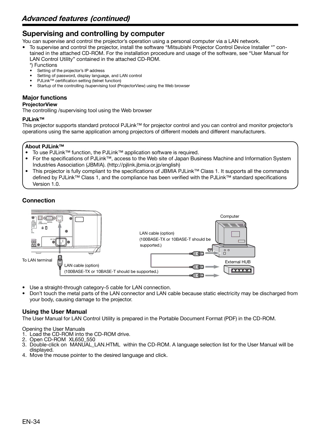 Mitsubishi Electronics XL650U user manual Supervising and controlling by computer, EN-34, Major functions, Connection 