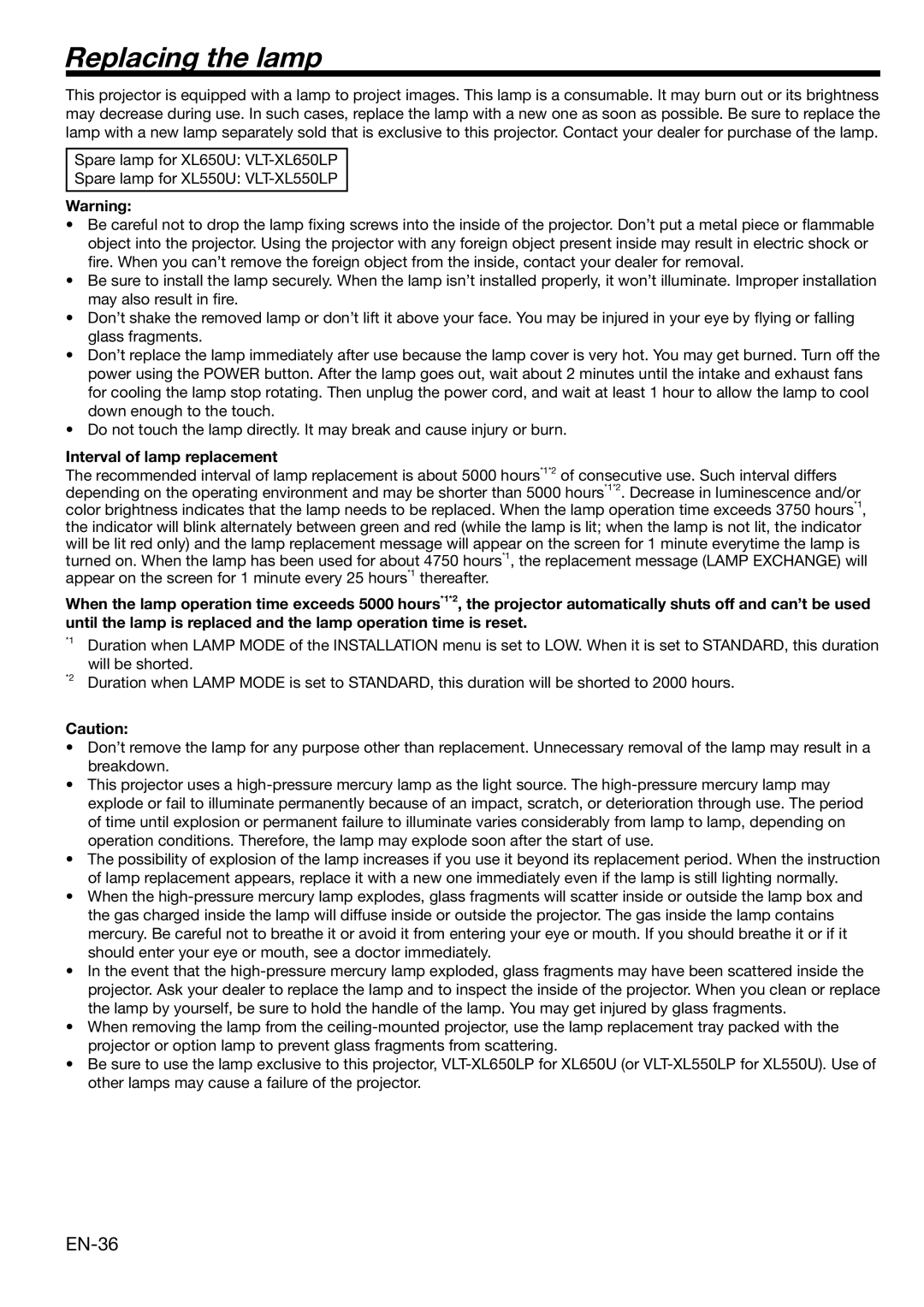 Mitsubishi Electronics XL650U user manual Replacing the lamp, EN-36, Interval of lamp replacement 