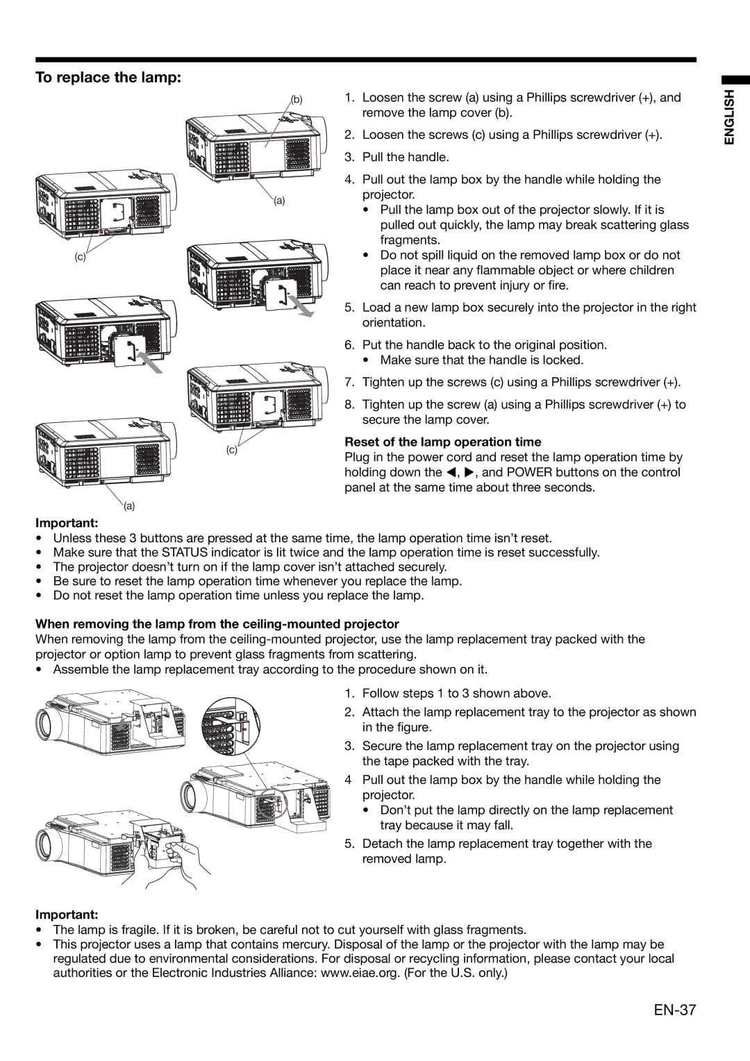 Mitsubishi Electronics XL650U user manual To replace the lamp, EN-37, Reset of the lamp operation time 