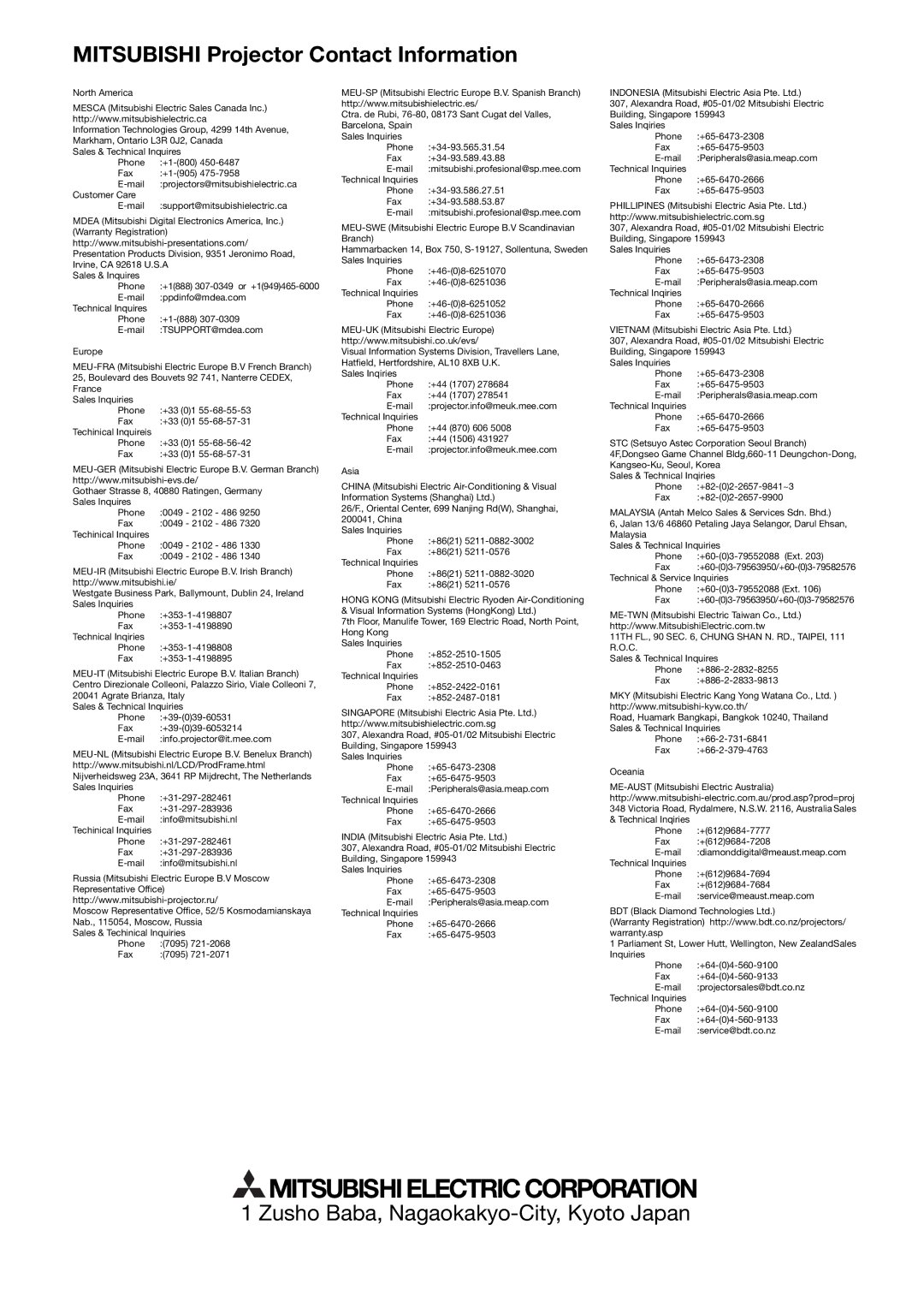 Mitsubishi Electronics XL650U user manual Mitsubishi Projector Contact Information 