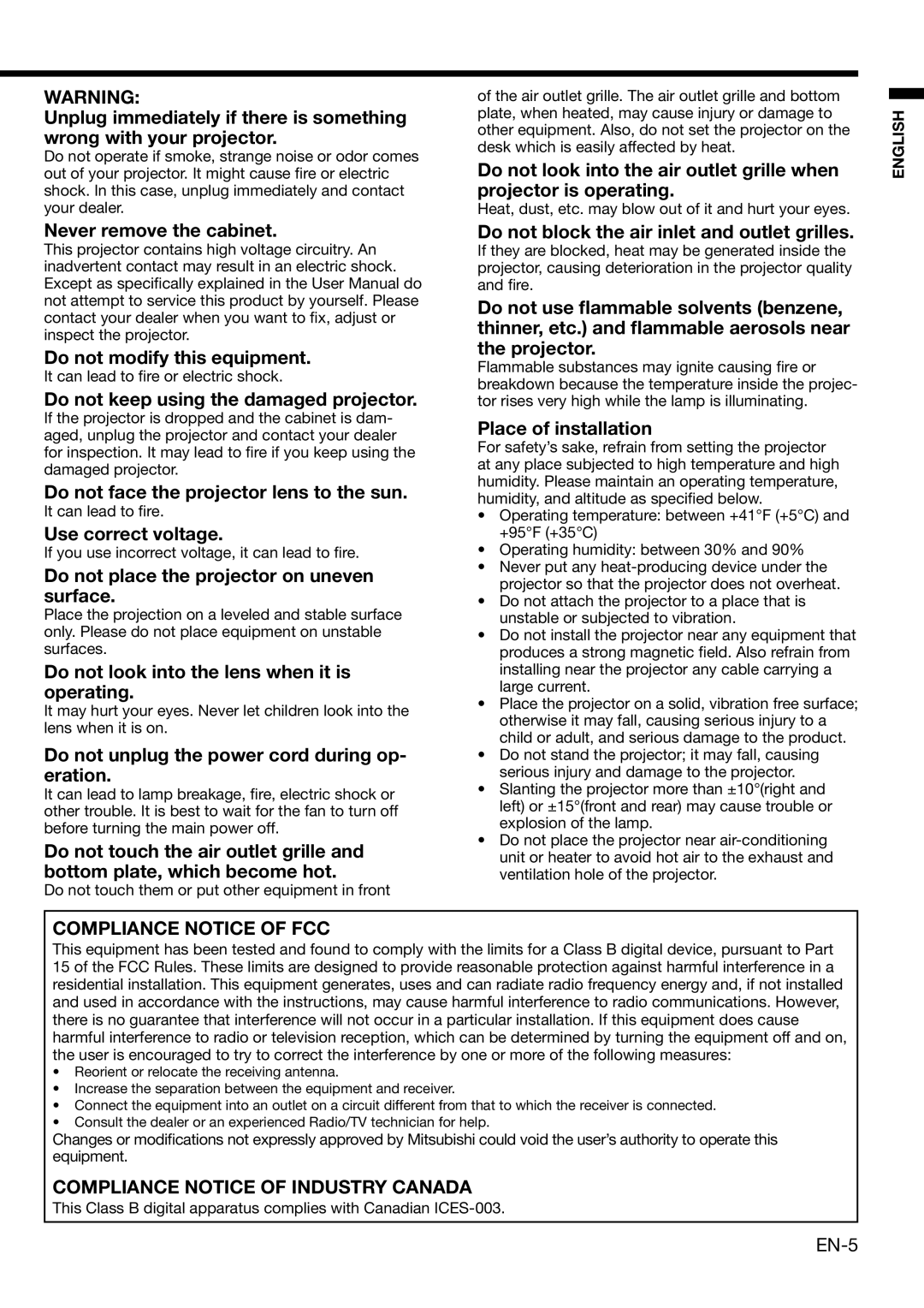 Mitsubishi Electronics XL650U user manual Never remove the cabinet Do not modify this equipment, Use correct voltage 