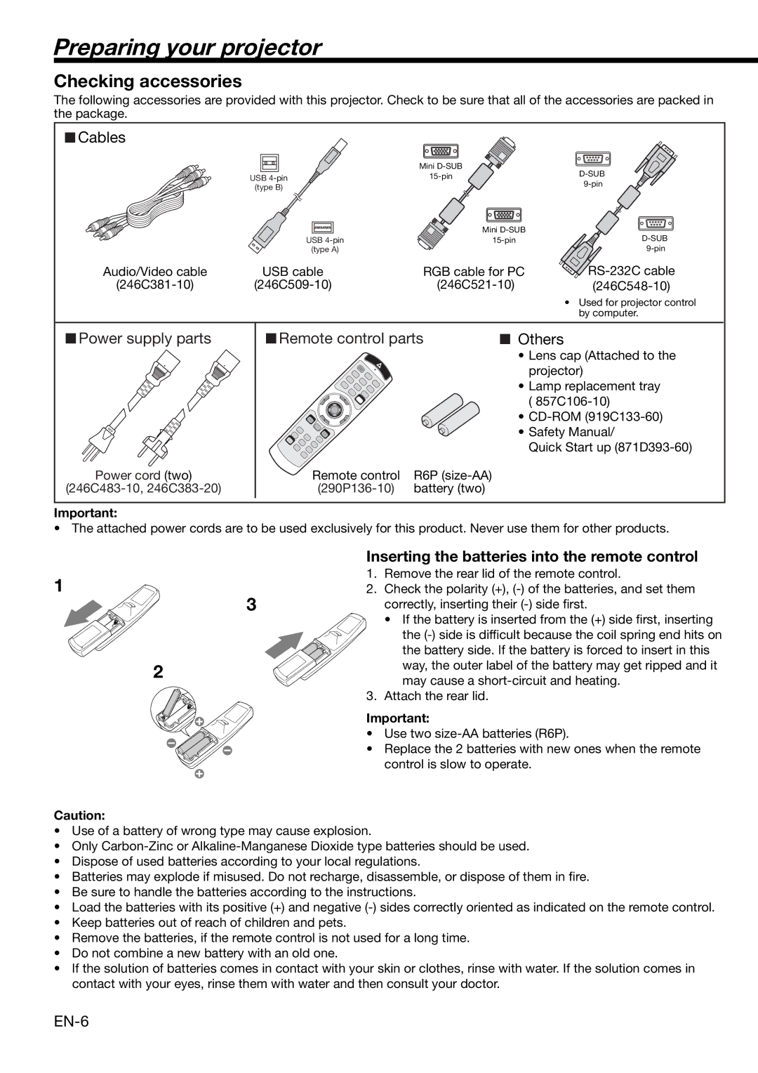 Mitsubishi Electronics XL650U user manual Preparing your projector, Checking accessories 