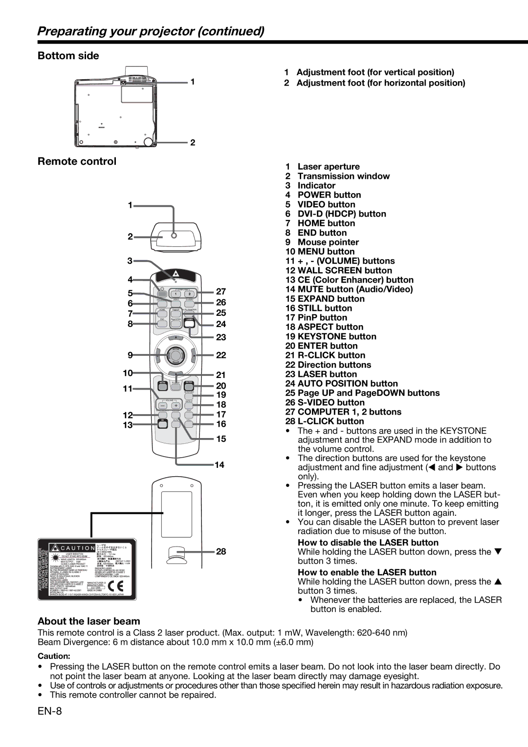 Mitsubishi Electronics XL650U Preparating your projector, Bottom side, Remote control, EN-8, About the laser beam 