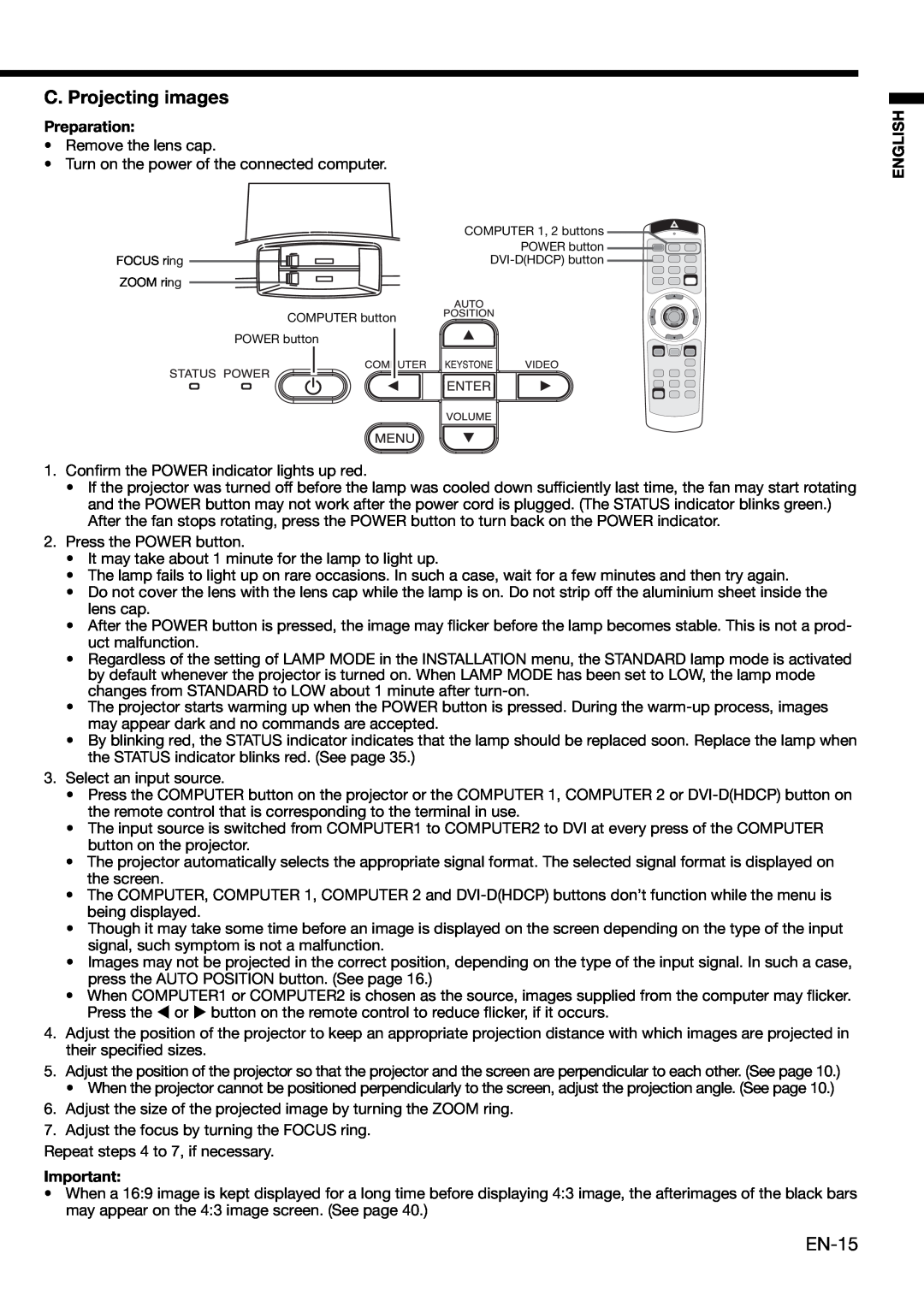 Mitsubishi Electronics XL650U user manual C. Projecting images, EN-15, Preparation, English 