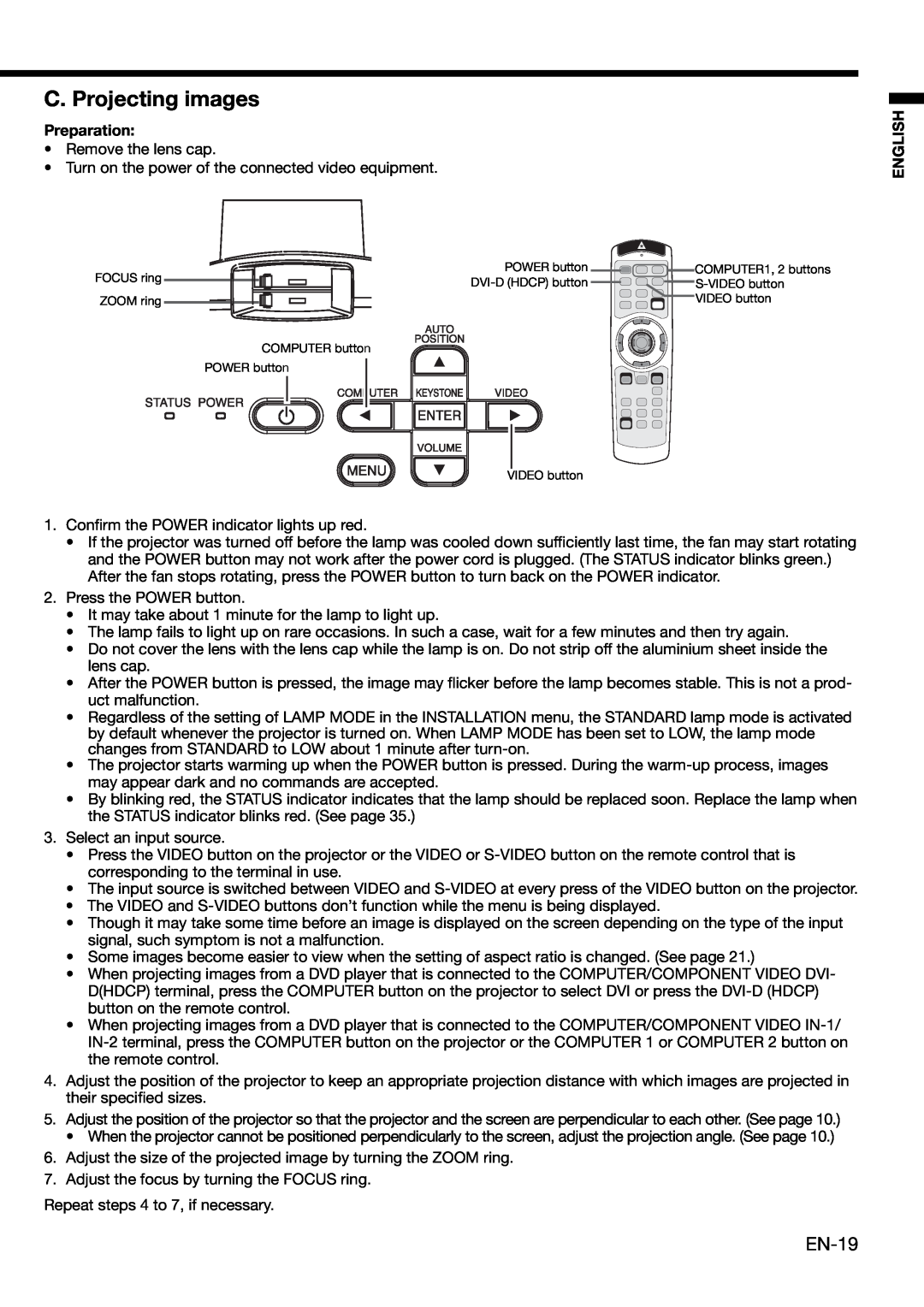 Mitsubishi Electronics XL650U user manual C. Projecting images, EN-19, Preparation, English 