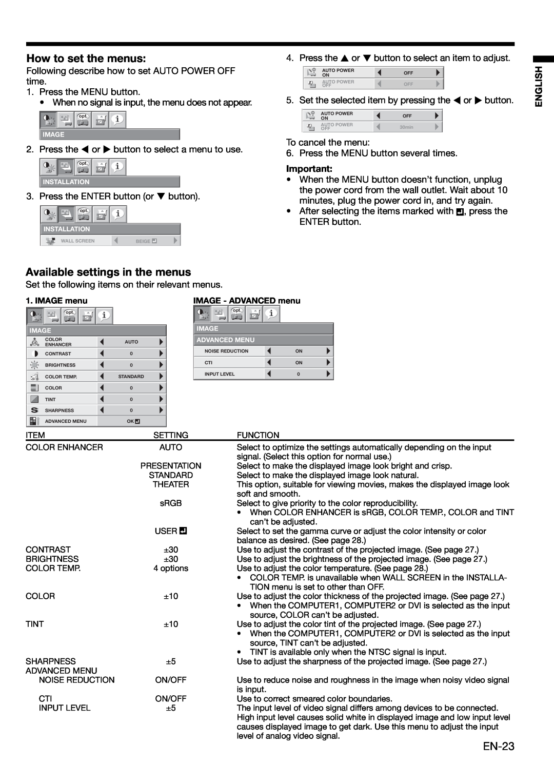 Mitsubishi Electronics XL650U user manual How to set the menus, Available settings in the menus, EN-23, English 