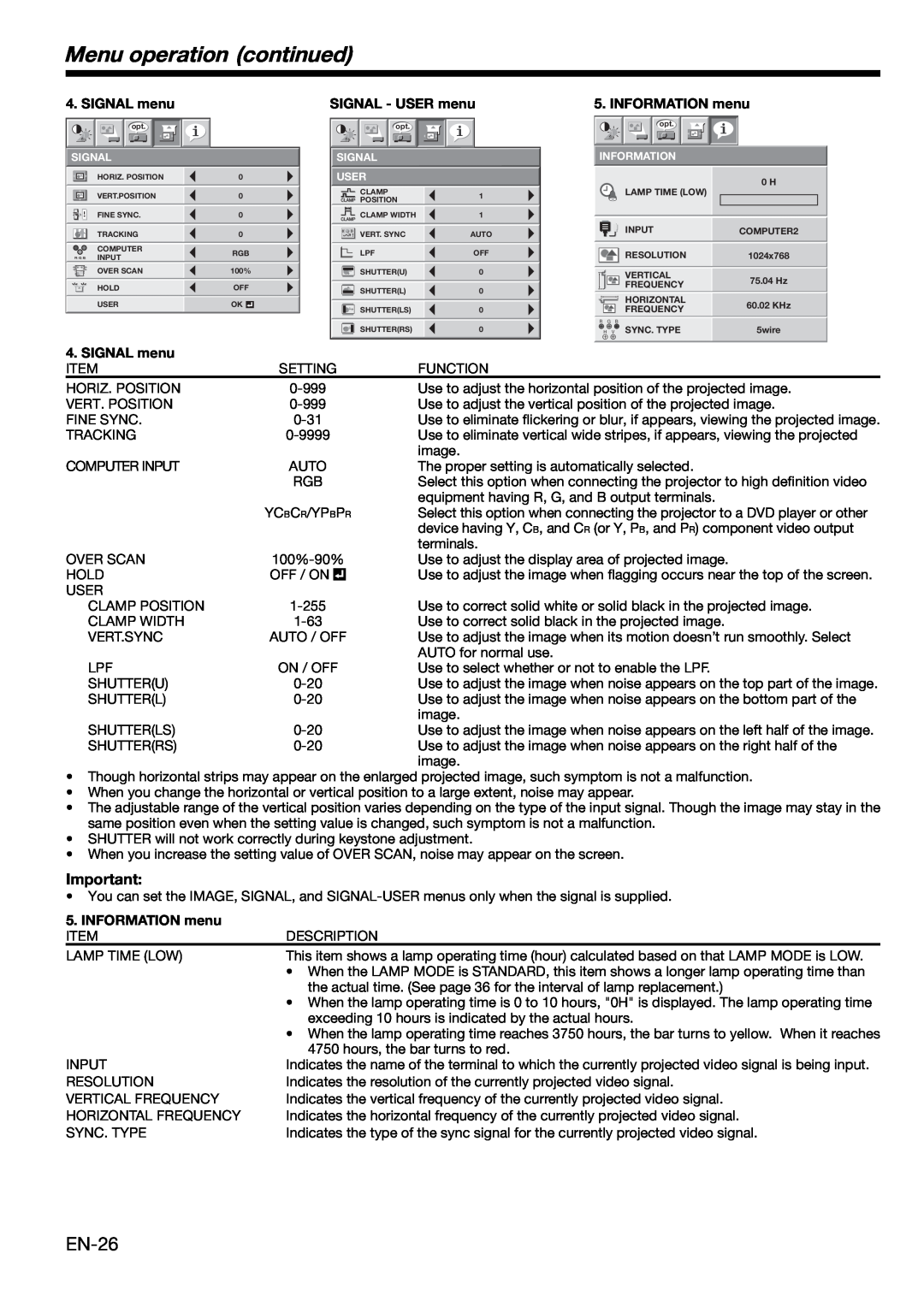 Mitsubishi Electronics XL650U user manual Menu operation continued, SIGNAL menu, SIGNAL - USER menu, INFORMATION menu 