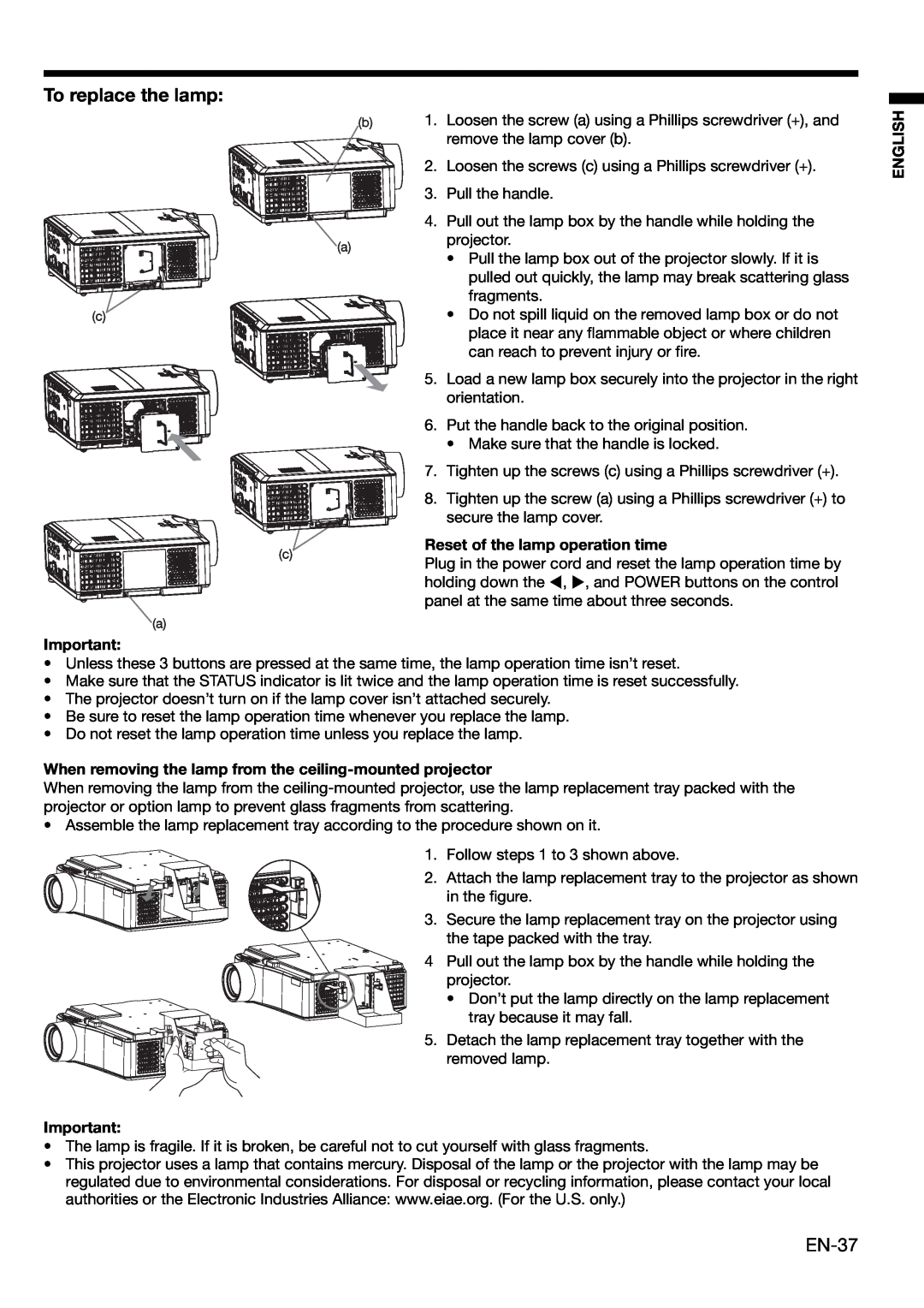 Mitsubishi Electronics XL650U user manual To replace the lamp, EN-37, English, Reset of the lamp operation time 
