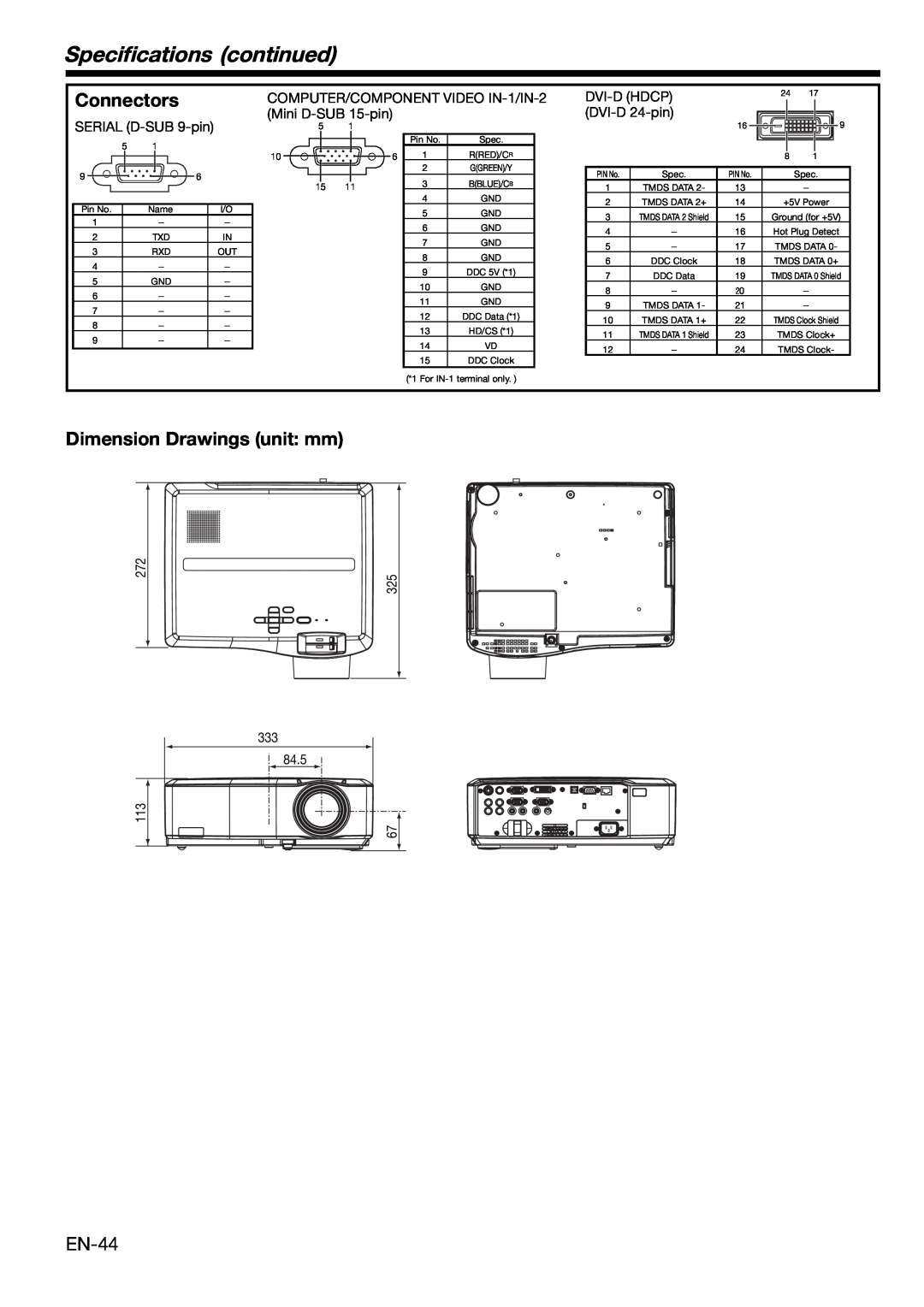 Mitsubishi Electronics XL650U user manual Connectors, EN-44, SERIAL D-SUB 9-pin 