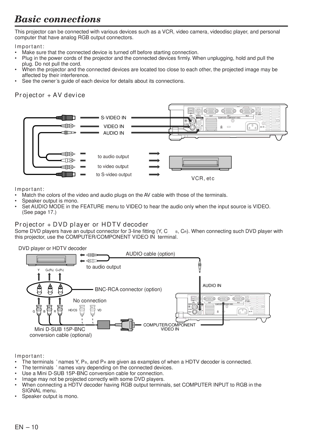 Mitsubishi Electronics XL6U Basic connections, Projector + AV device, Projector + DVD player or Hdtv decoder, VCR, etc 