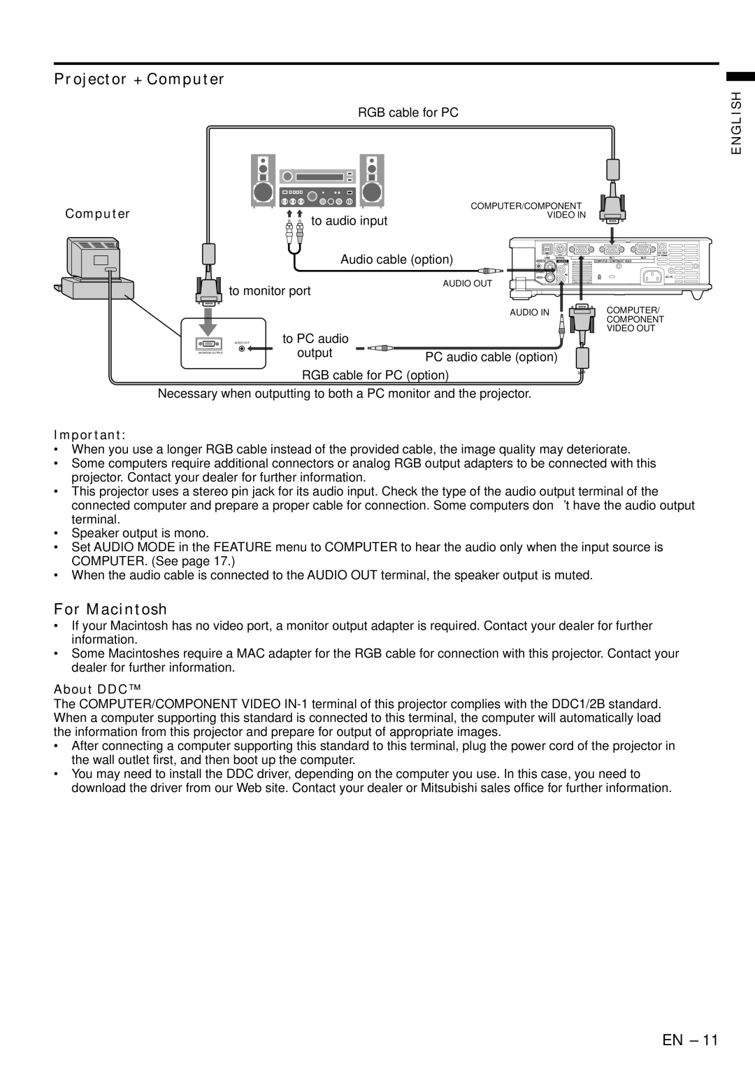 Mitsubishi Electronics XL6U user manual Projector + Computer, For Macintosh, About DDC 