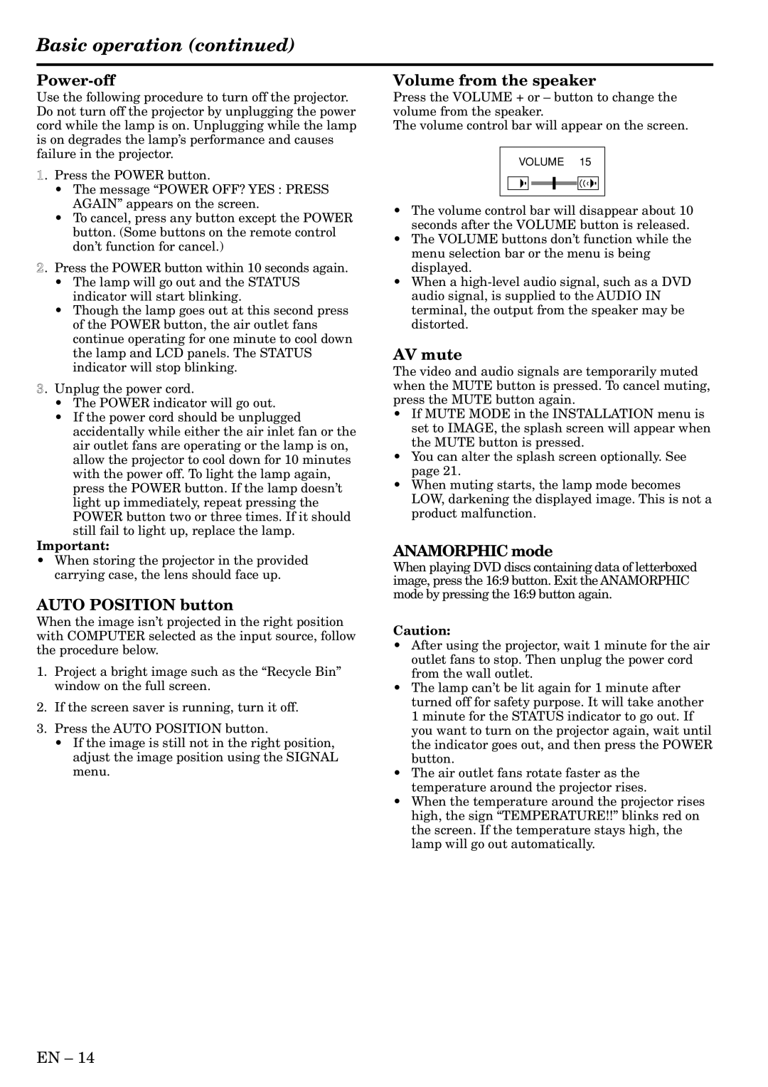 Mitsubishi Electronics XL6U user manual Power-off, Auto Position button, Volume from the speaker, AV mute, Anamorphic mode 