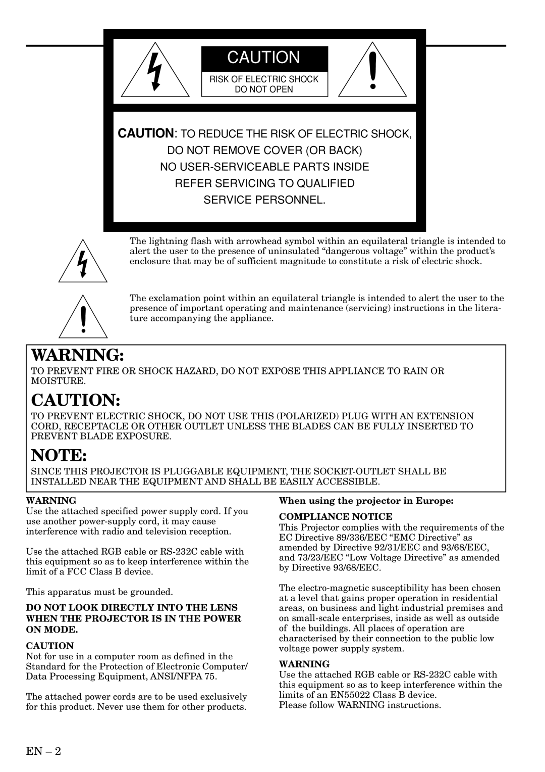 Mitsubishi Electronics XL6U user manual When using the projector in Europe, Compliance Notice 