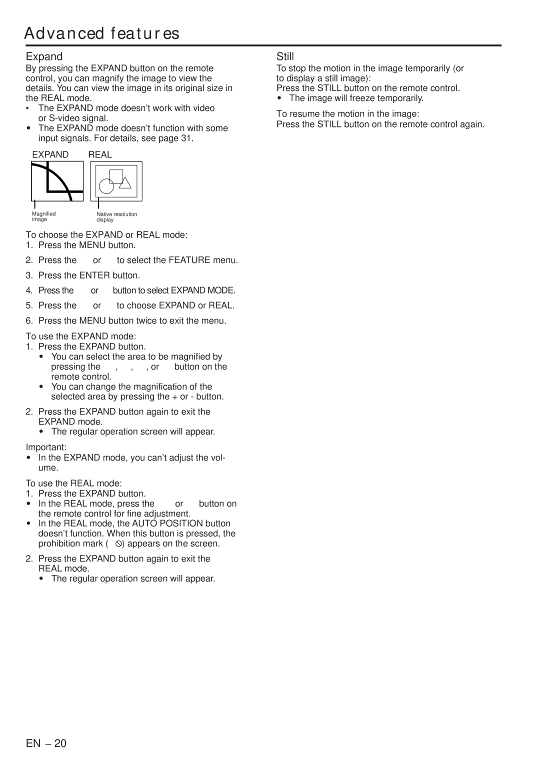 Mitsubishi Electronics XL6U user manual Advanced features, Expand, Still 