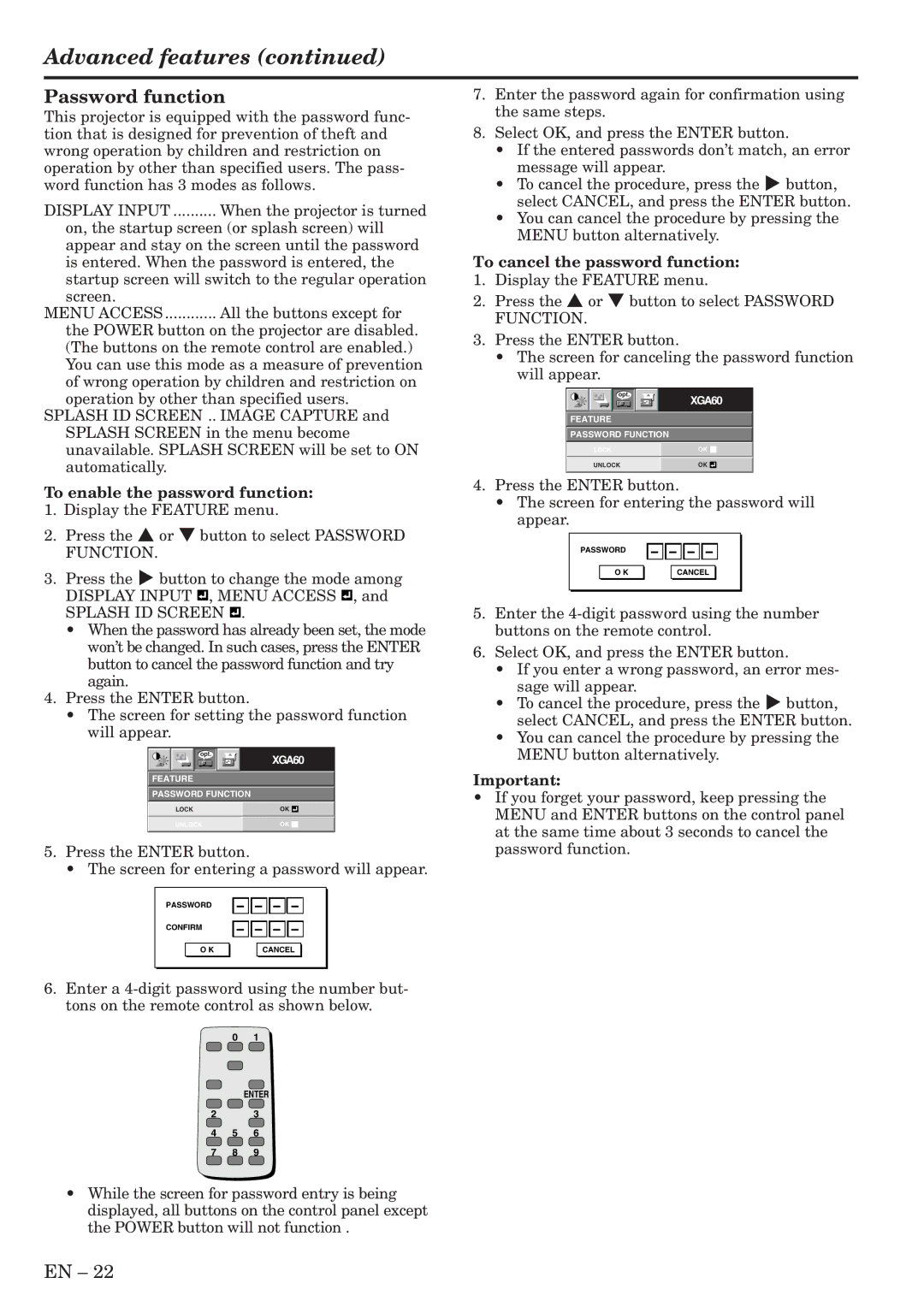 Mitsubishi Electronics XL6U user manual Password function, To cancel the password function, To enable the password function 