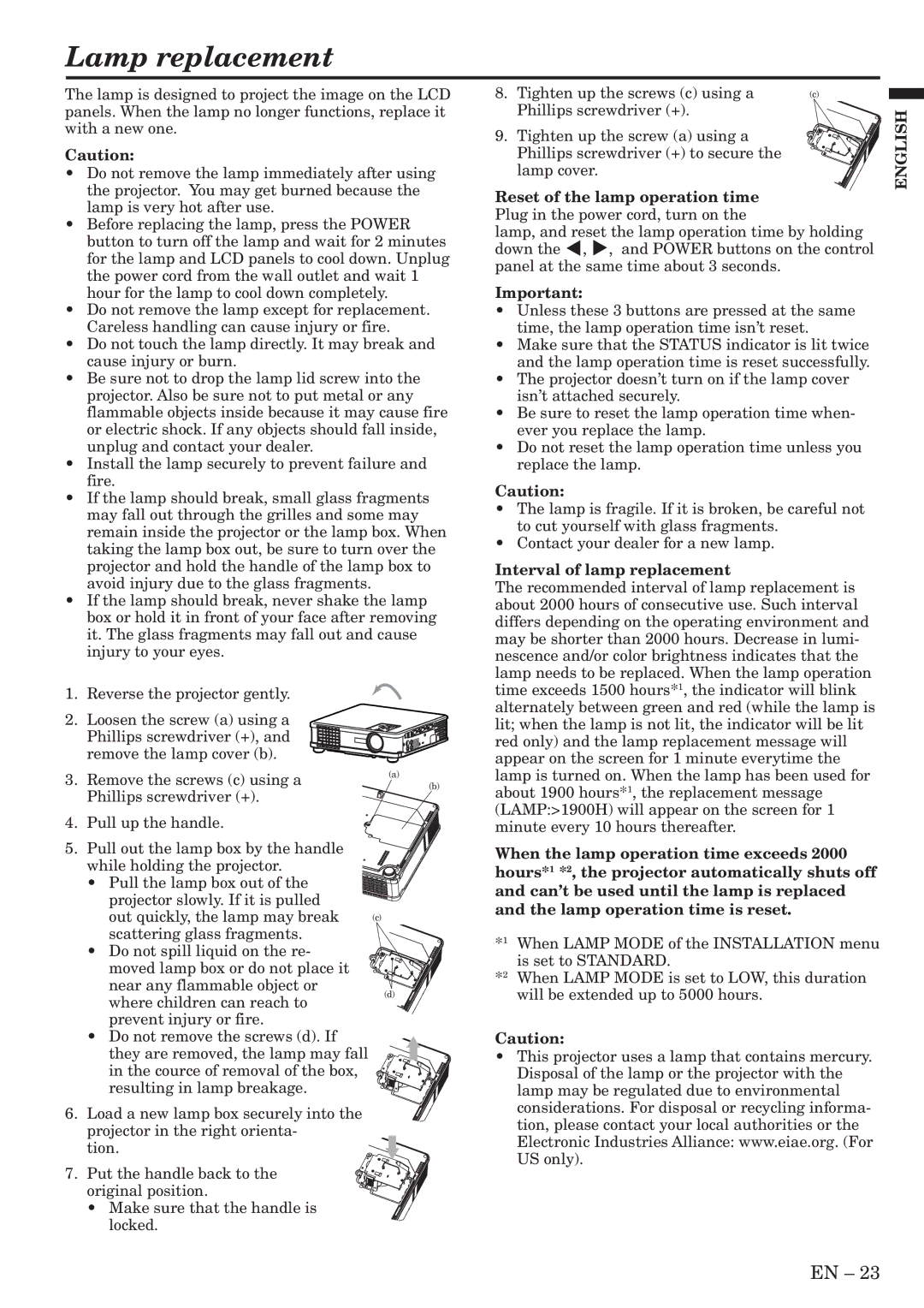 Mitsubishi Electronics XL6U user manual Lamp replacement, Reset of the lamp operation time, Interval of lamp replacement 