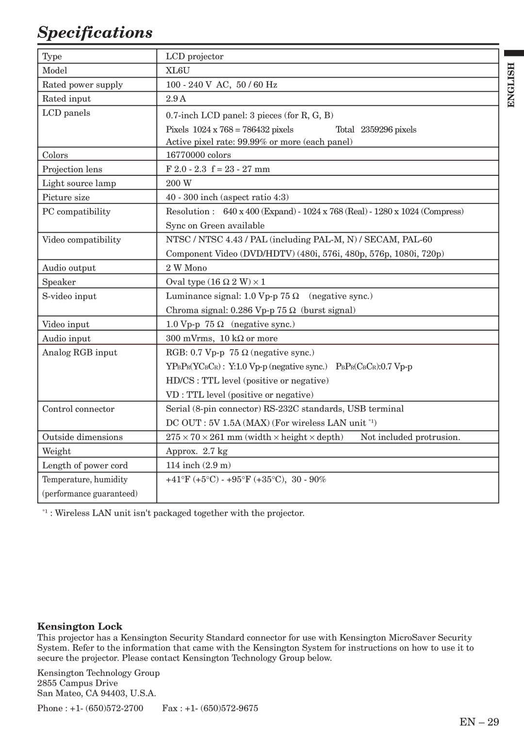 Mitsubishi Electronics XL6U user manual Specifications, Kensington Lock 