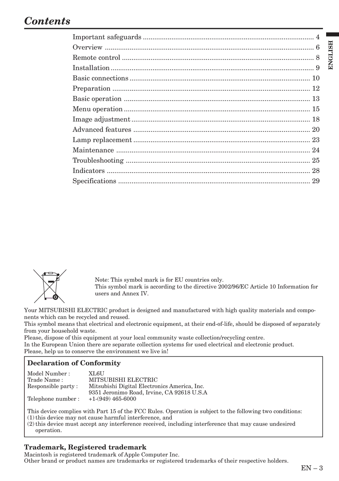 Mitsubishi Electronics XL6U user manual Contents 