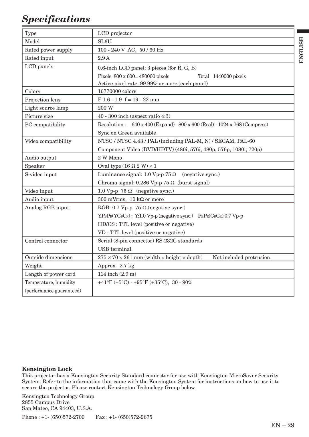 Mitsubishi Electronics XL6U user manual Specifications 