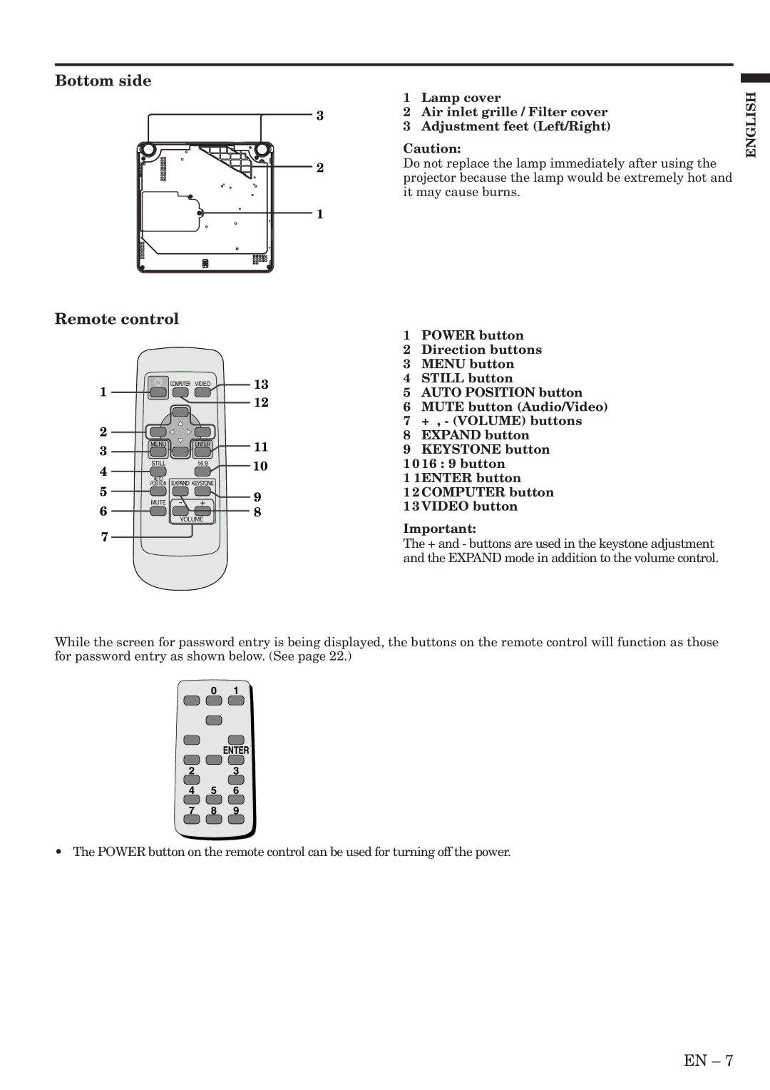 Mitsubishi Electronics XL6U user manual Bottom side, Remote control 