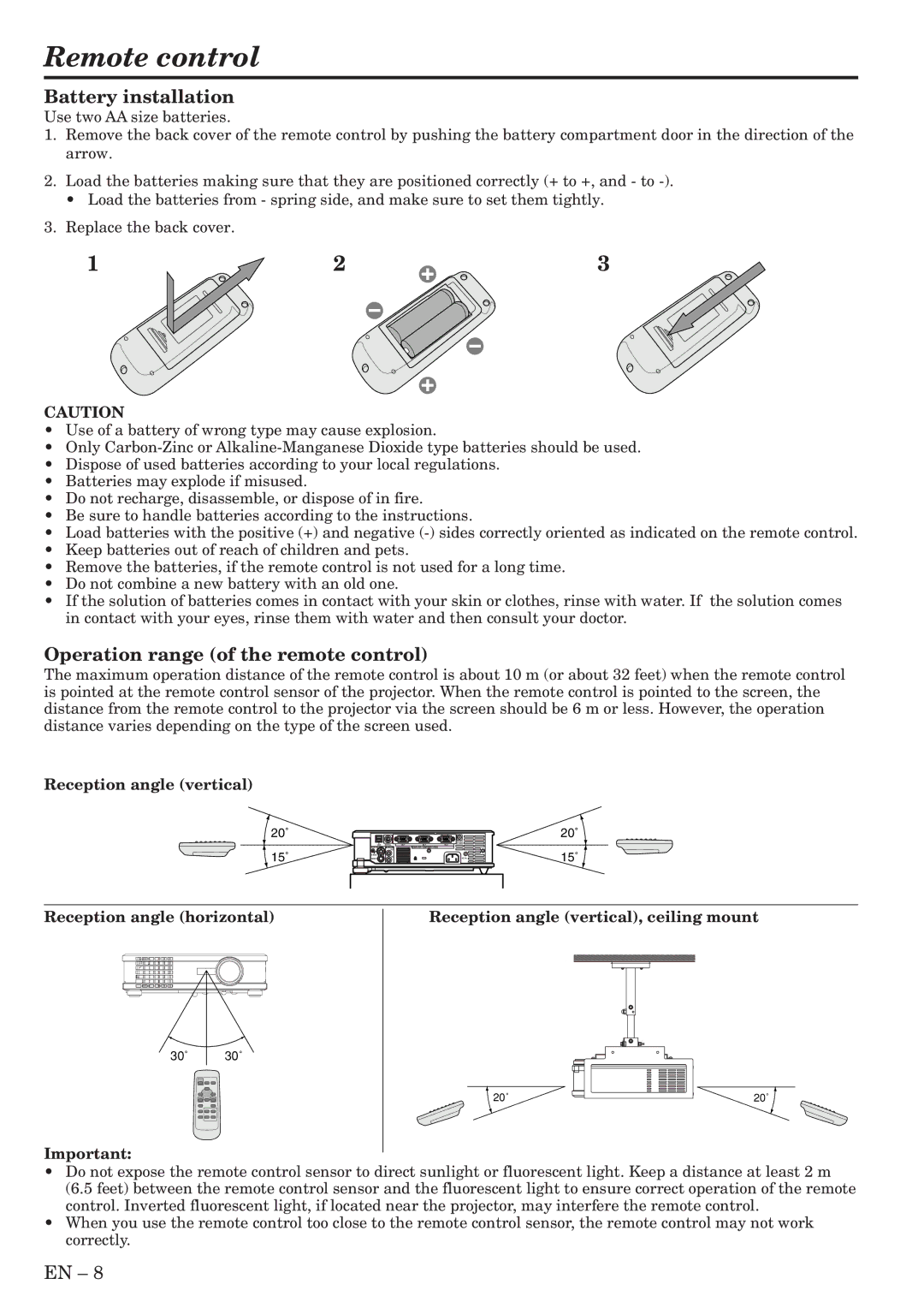 Mitsubishi Electronics XL6U user manual Remote control, Battery installation, Operation range of the remote control 