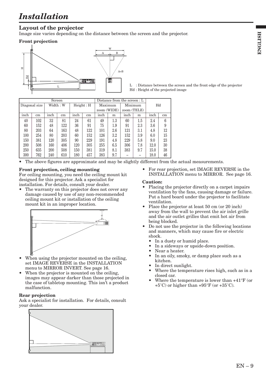 Mitsubishi Electronics XL6U Installation, Layout of the projector, Front projection, ceiling mounting, Rear projection 