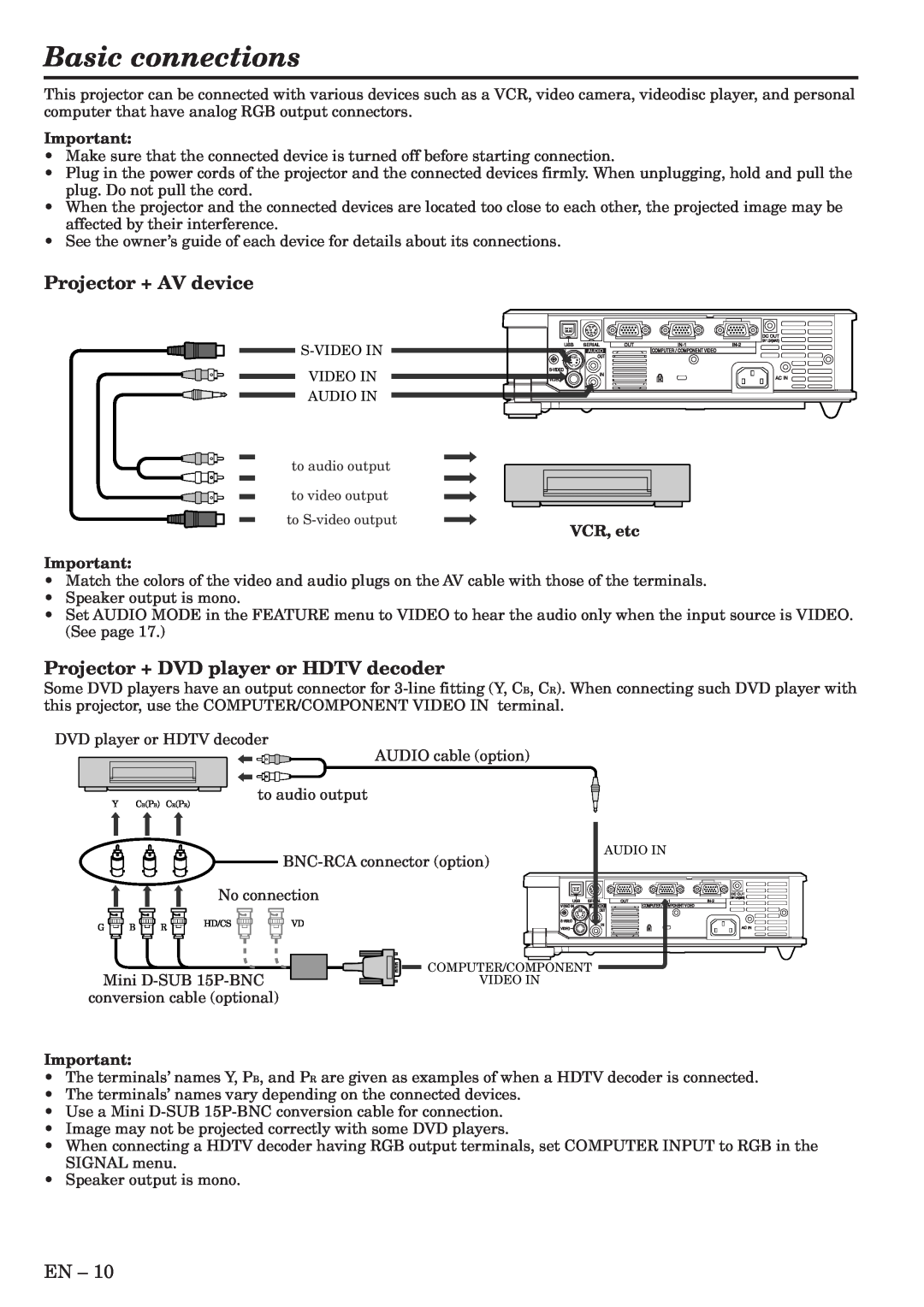 Mitsubishi Electronics XL6U user manual Basic connections, Projector + AV device, Projector + DVD player or HDTV decoder 