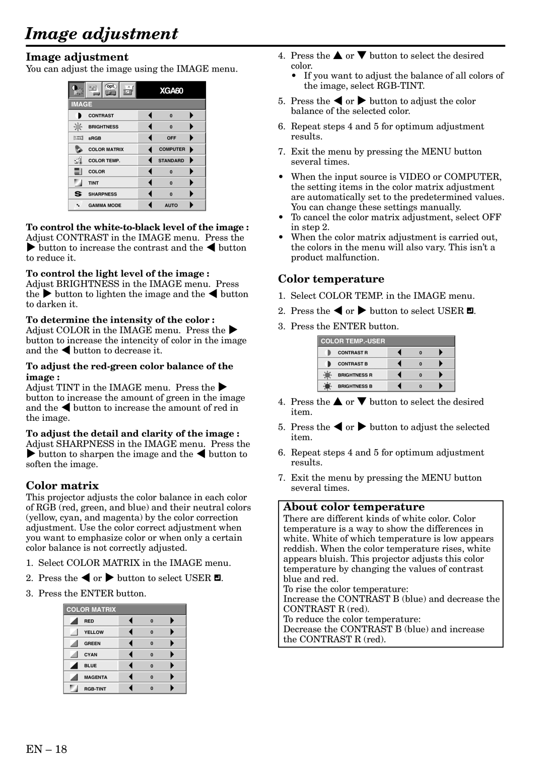 Mitsubishi Electronics XL6U user manual Image adjustment, Color matrix, Color temperature, About color temperature 