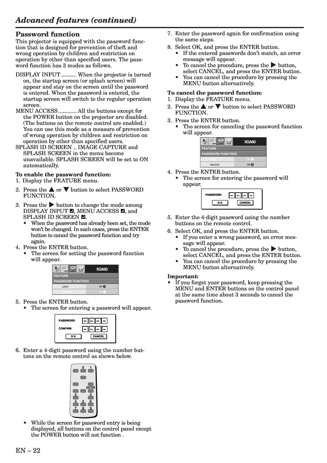 Mitsubishi Electronics XL6U user manual Advanced features continued, Password function 