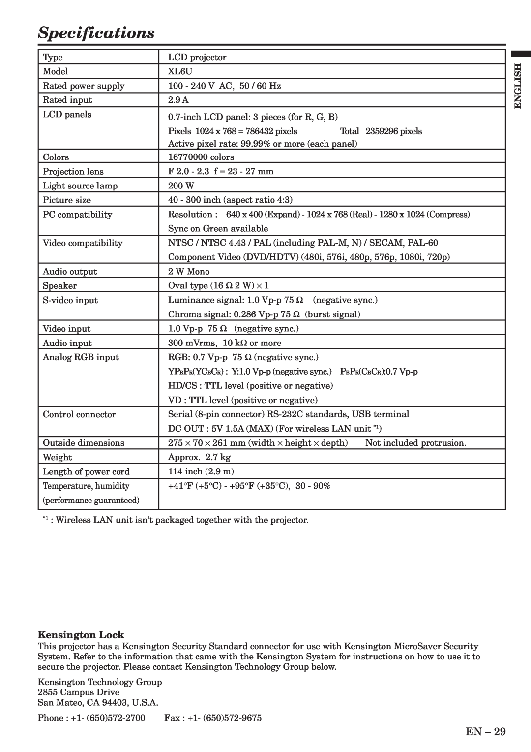 Mitsubishi Electronics XL6U user manual Specifications, Kensington Lock 