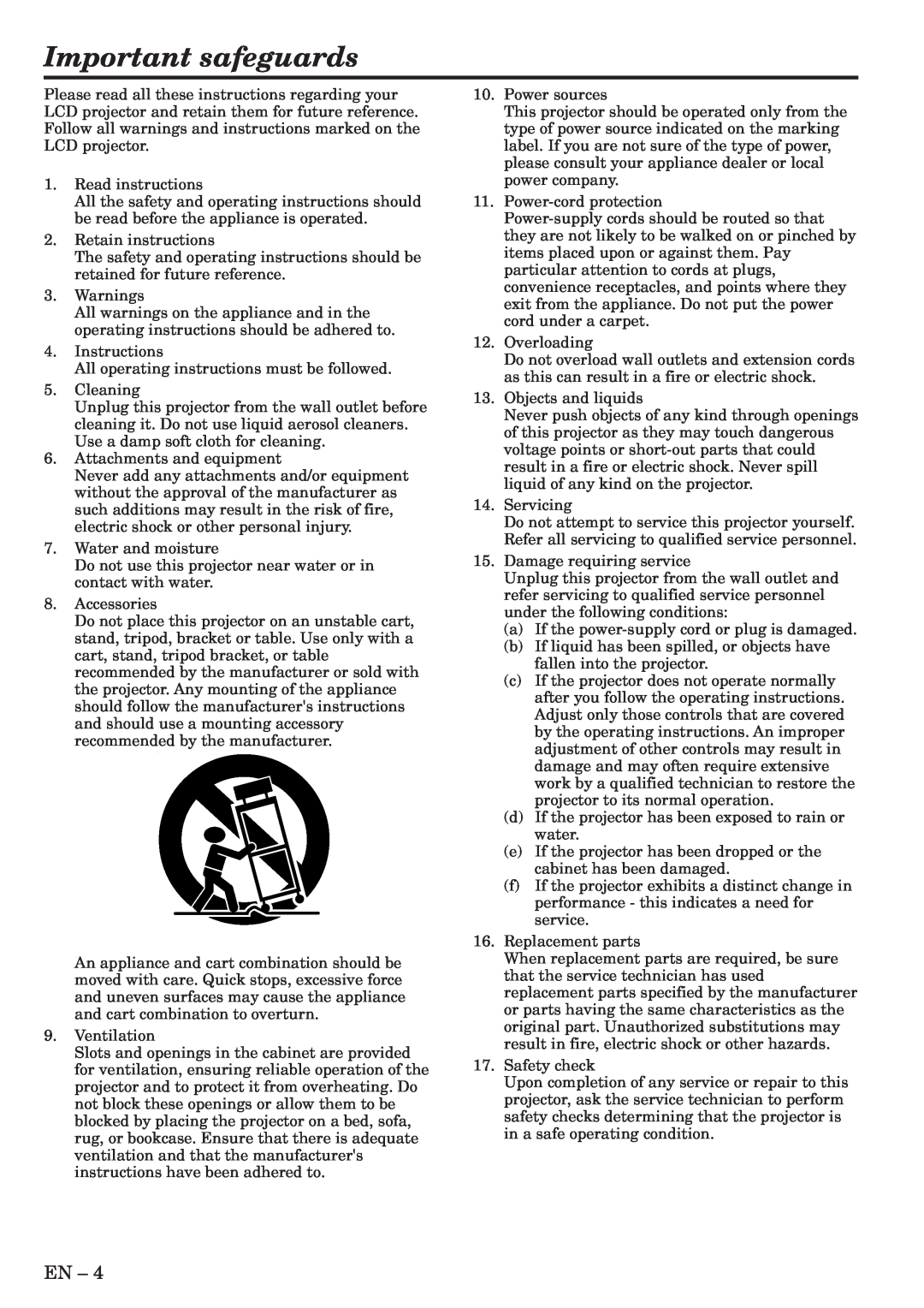 Mitsubishi Electronics XL6U user manual Important safeguards 