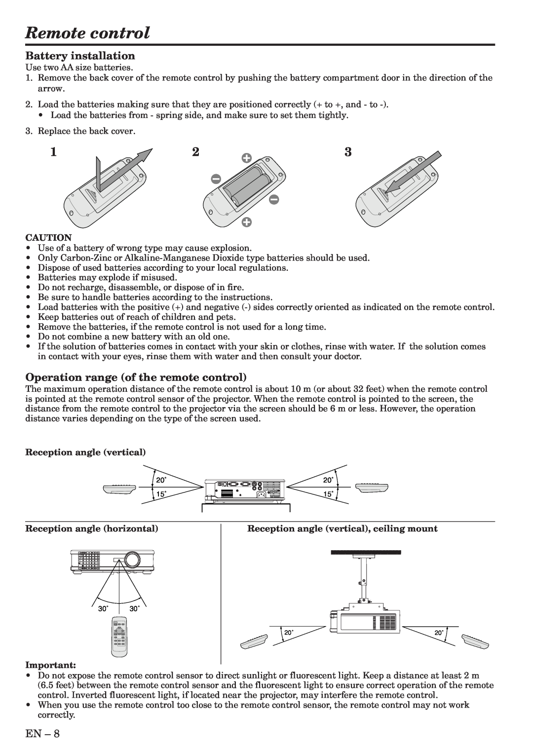 Mitsubishi Electronics XL6U user manual Remote control, Battery installation, Operation range of the remote control 