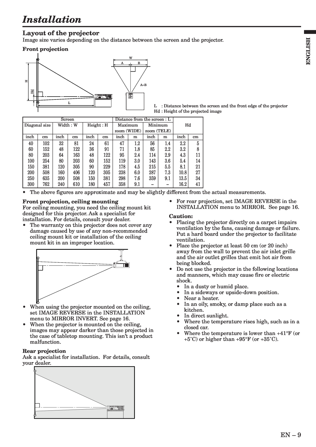 Mitsubishi Electronics XL6U user manual Installation, Layout of the projector 