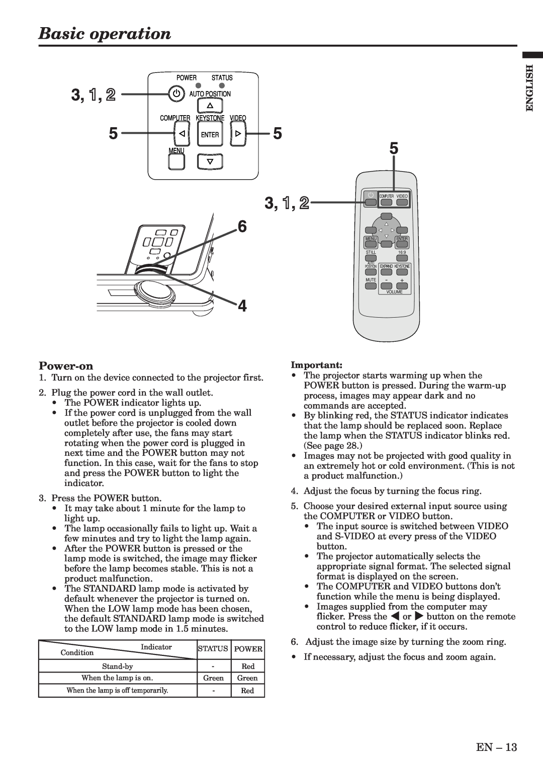 Mitsubishi Electronics XL6U user manual Basic operation, 3, 1, Power-on, When the lamp is off temporarily 