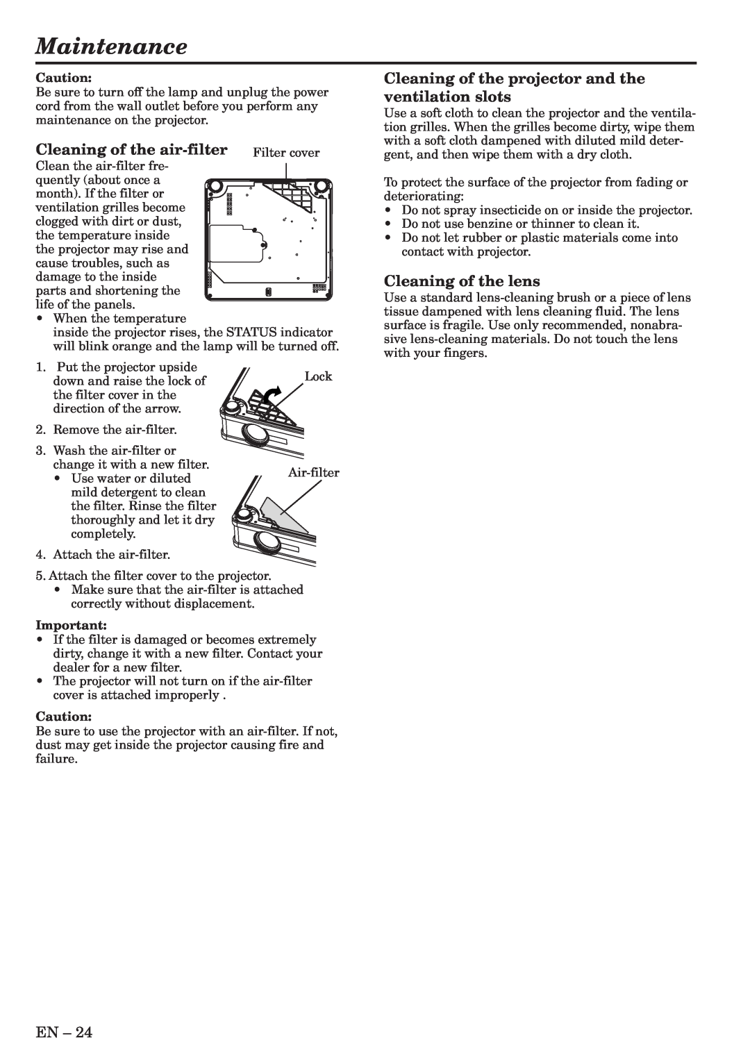 Mitsubishi Electronics XL6U user manual Maintenance, Cleaning of the air-filter Filter cover, Cleaning of the lens 