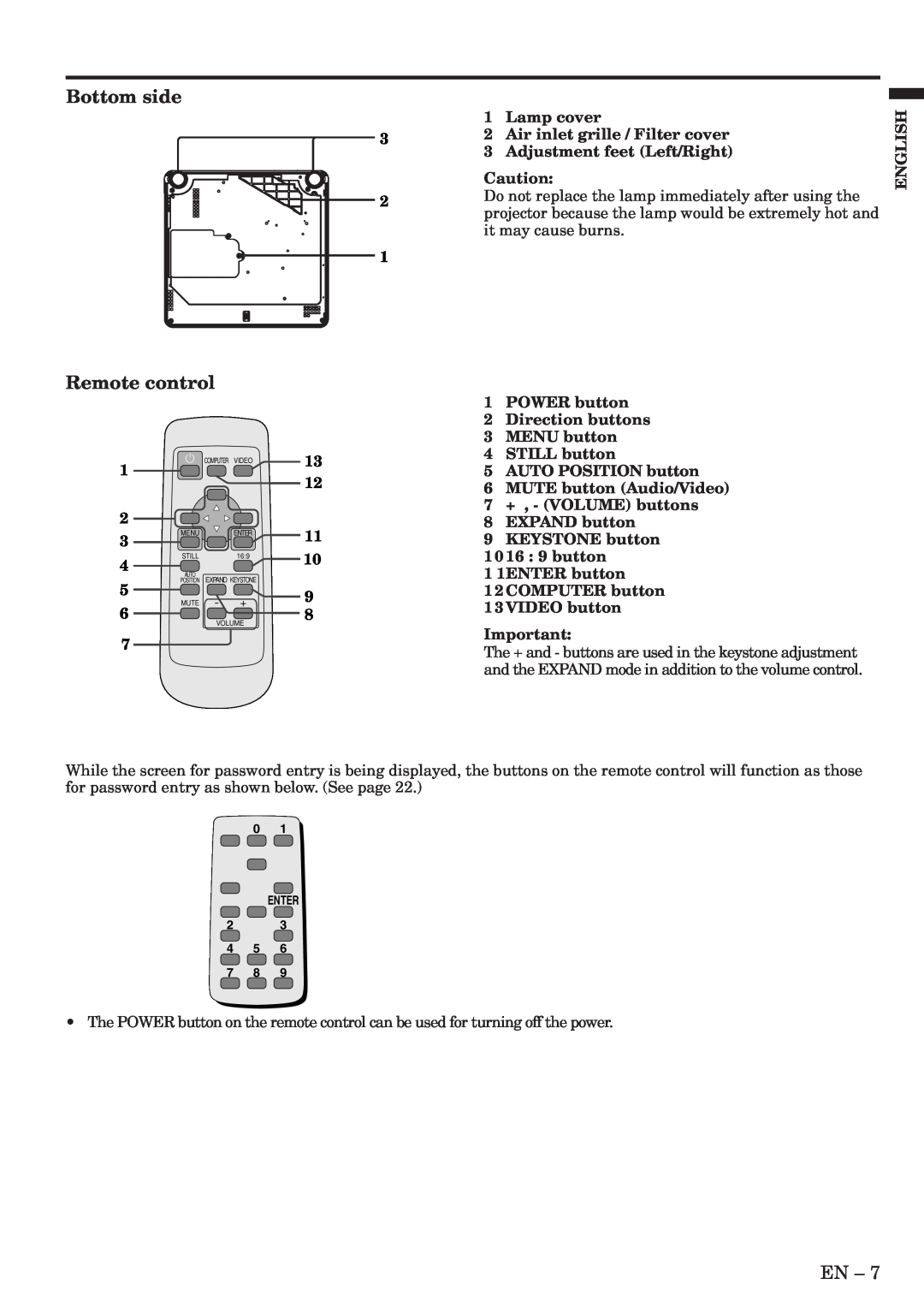 Mitsubishi Electronics XL6U user manual Bottom side, Remote control 