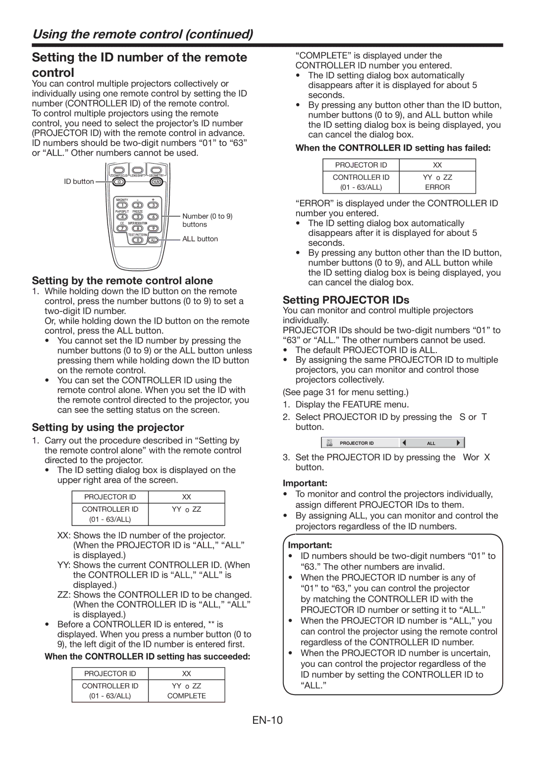 Mitsubishi Electronics XL7000U user manual Using the remote control, Setting the ID number of the remote control 