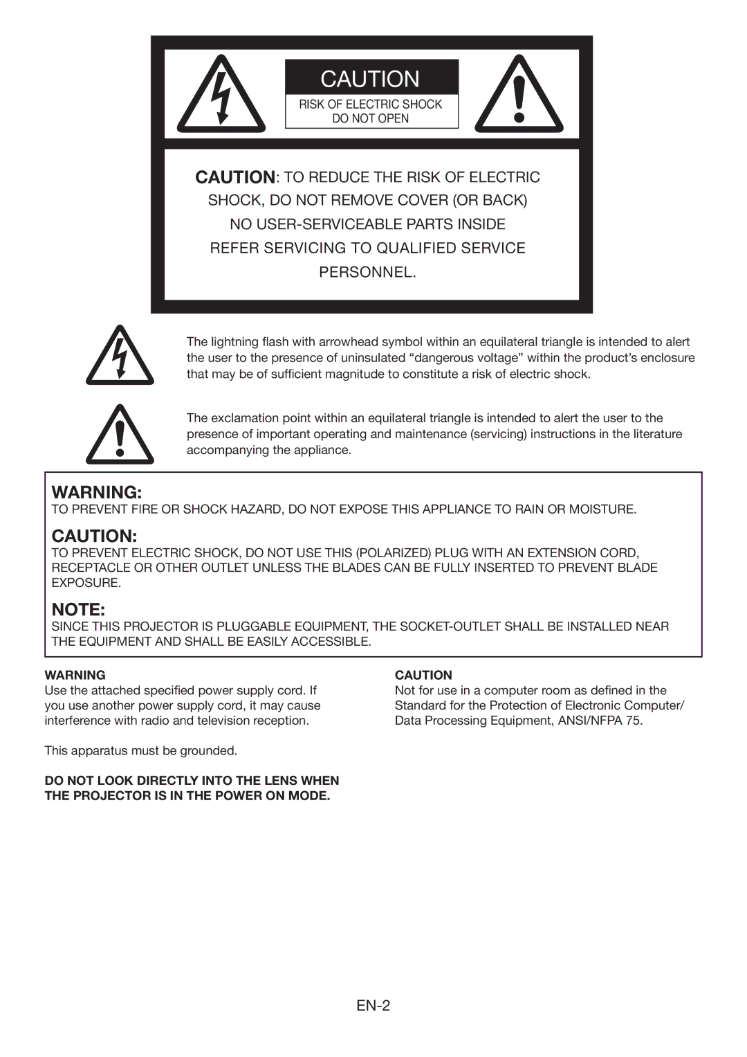 Mitsubishi Electronics XL7000U user manual Risk of Electric Shock Do not Open 