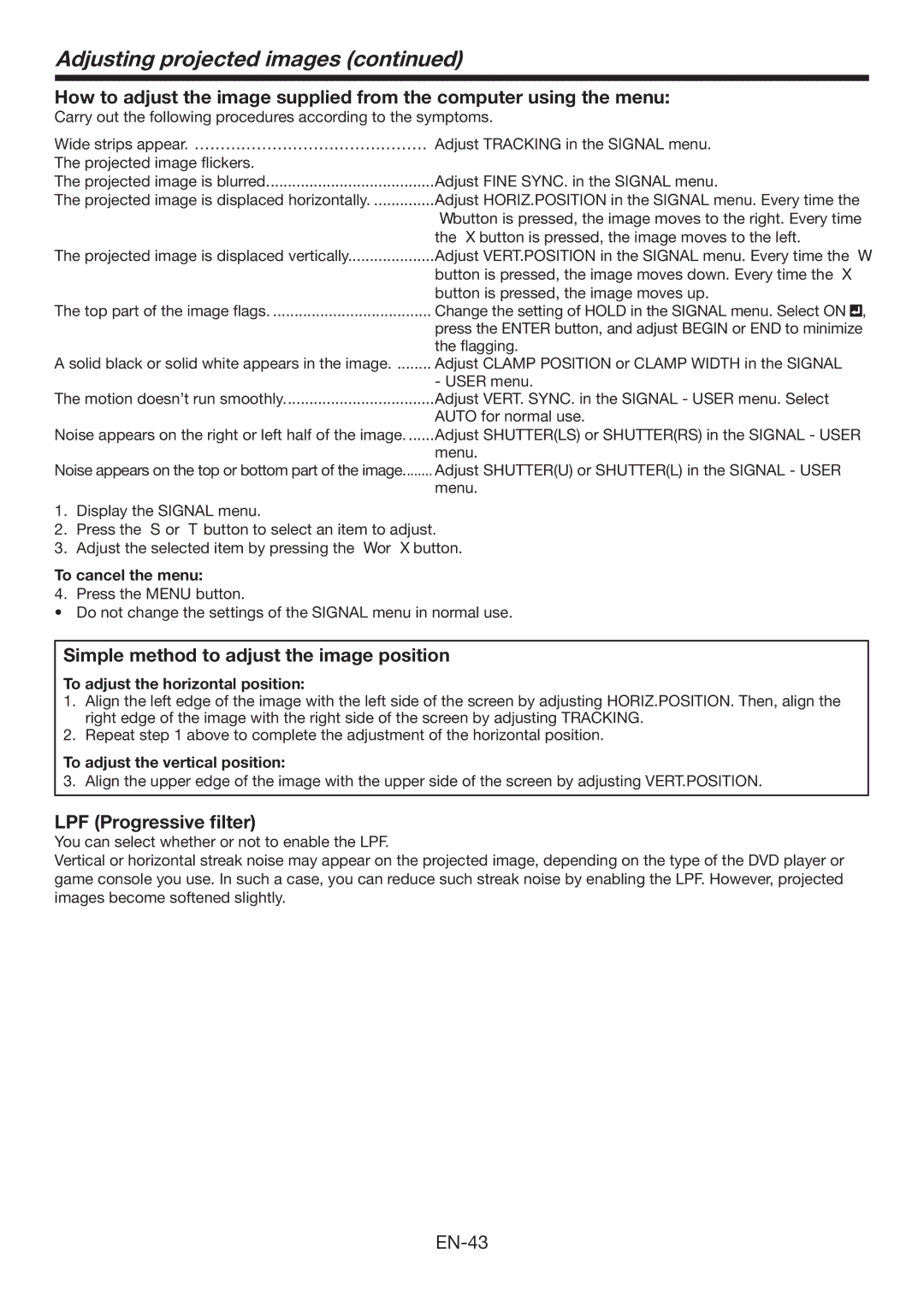 Mitsubishi Electronics XL7000U user manual Simple method to adjust the image position, LPF Progressive ﬁlter 